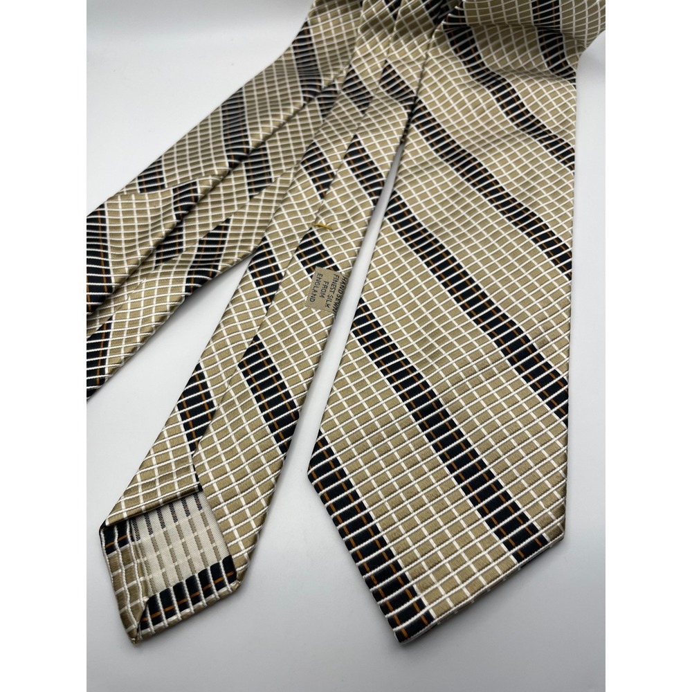 Robert Talbott Sevenfold Silk Tie Tan Black Geometric Stripe Ltd Ed 4/40 England